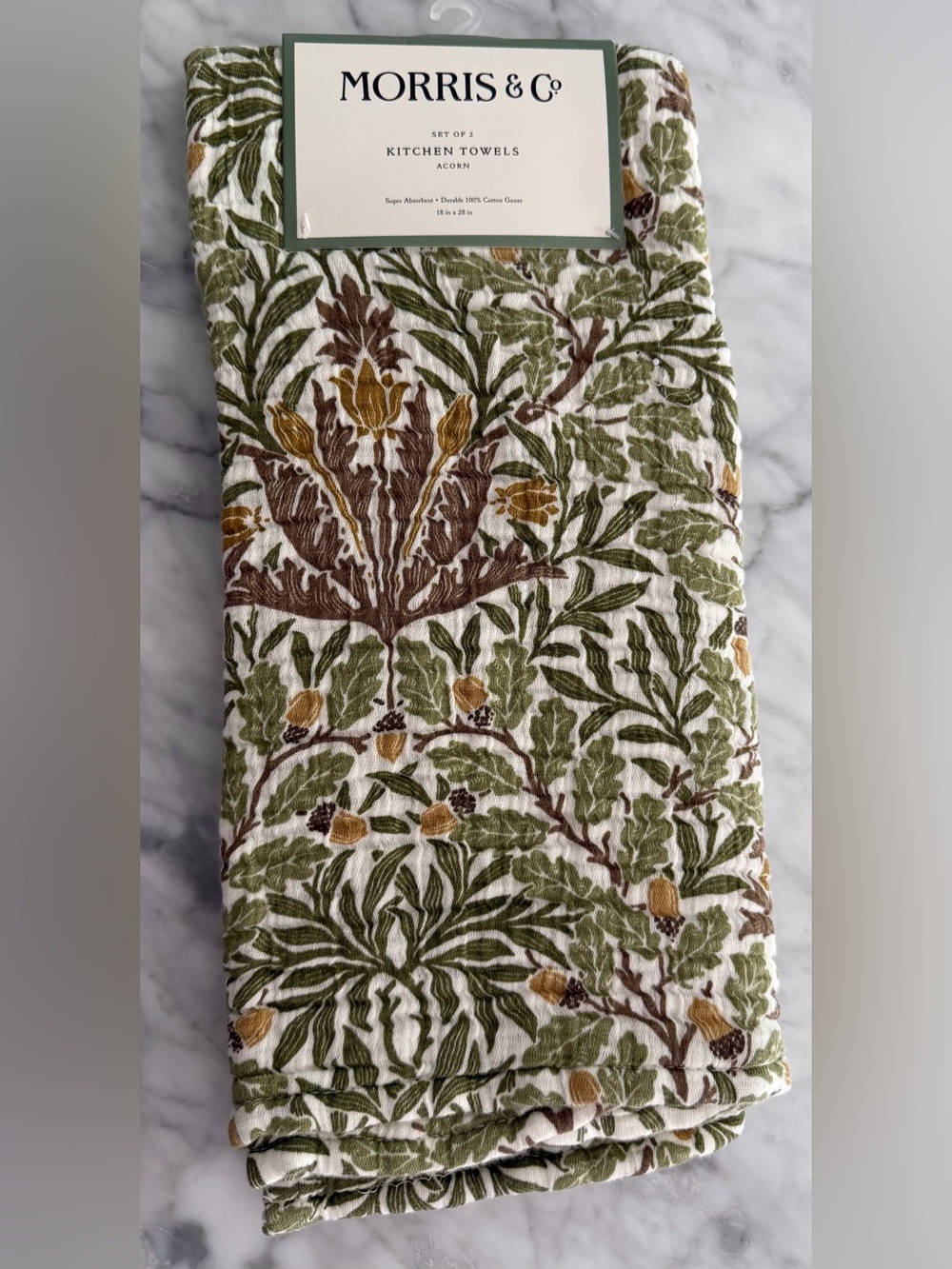 William Morris & Co Kitchen Dish Towels Set of 2 ACORN Green Brown 100% Cotton